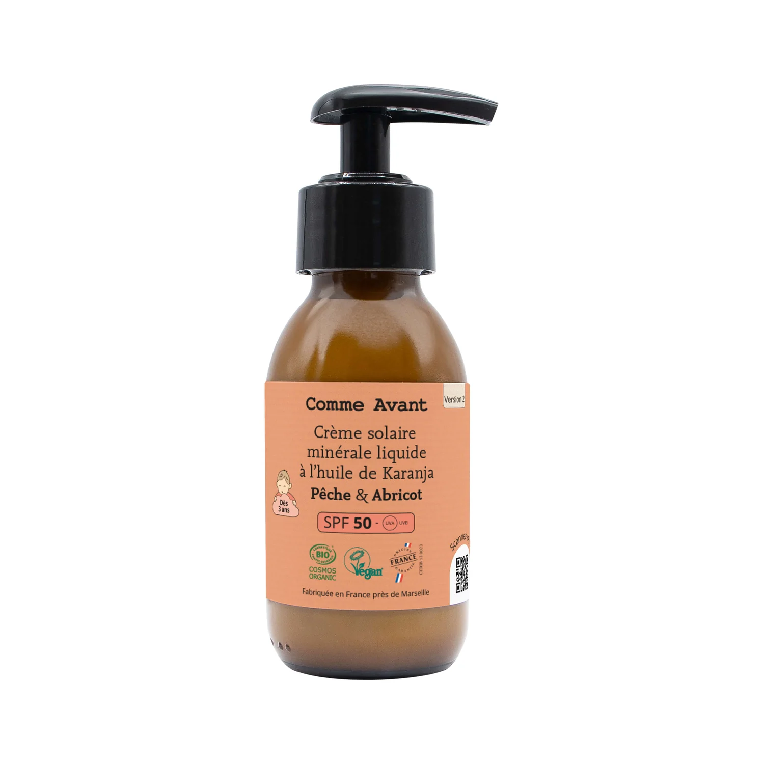 Comme avant creme solaire liquide a filtre mineral SPF50 senteur peche abricot