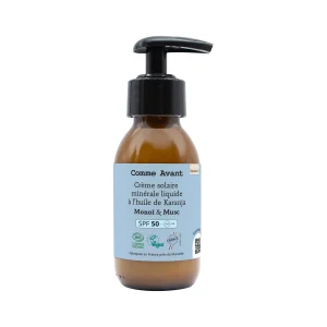 Creme solaire liquide a filtre mineral SPF50 senteur monoi et musc