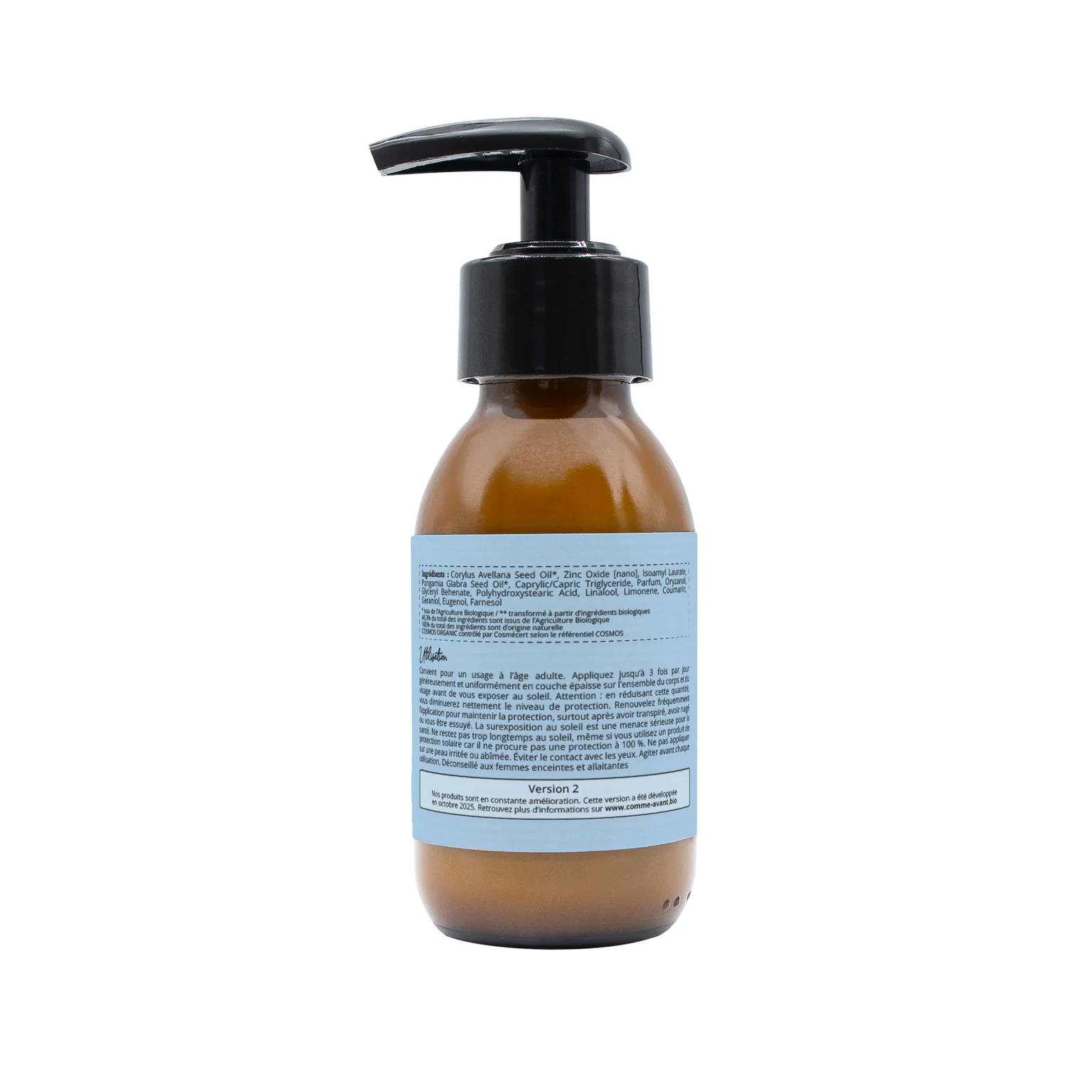 Creme solaire liquide a filtre mineral SPF50 senteur monoi musc