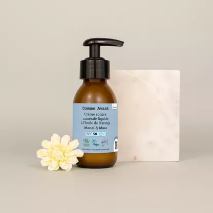 Creme solaire liquide filtre mineral SPF50 senteur monoi musc